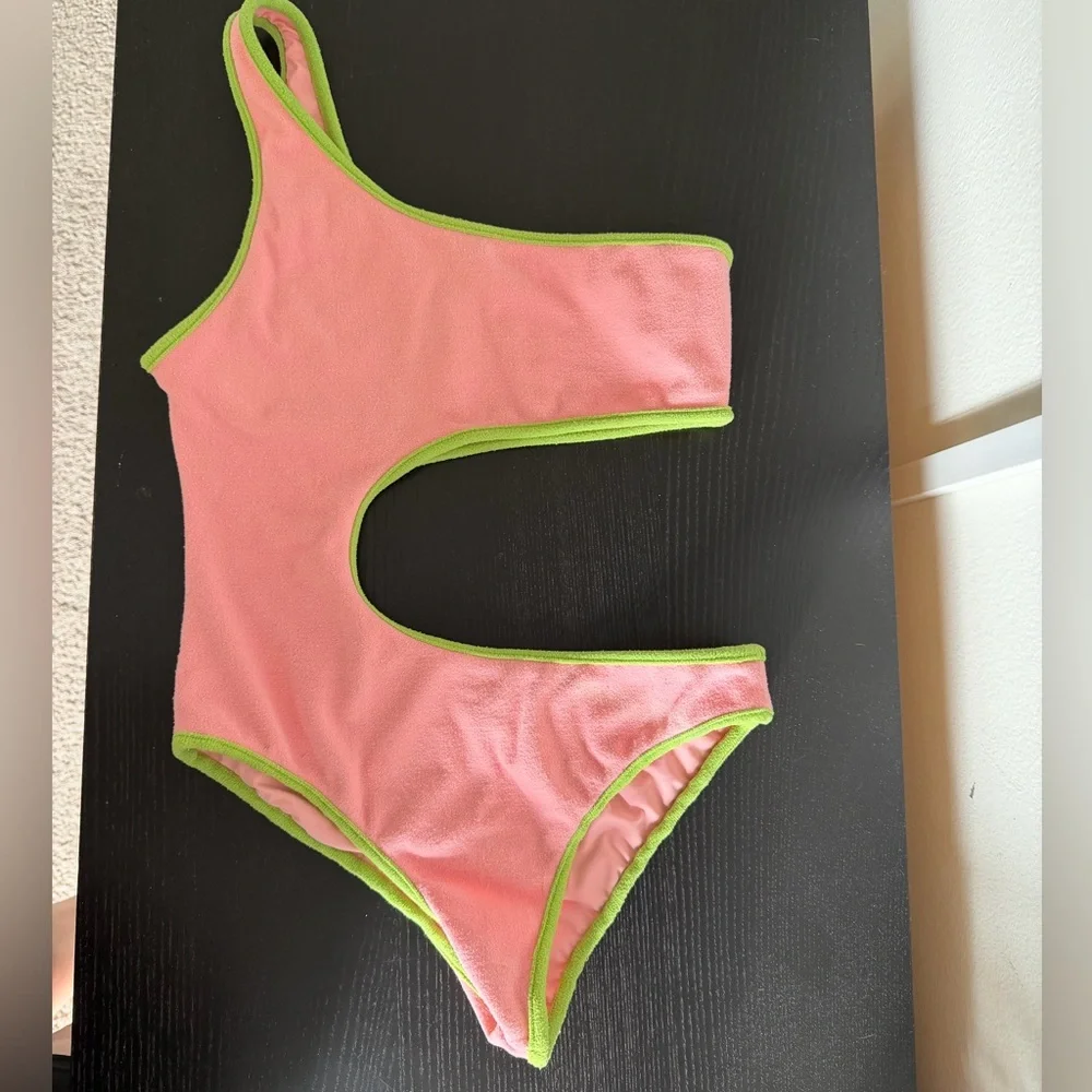 Frankie’s Bikinis Cutout Pink/Green Cash Terry One Piece Swimsuit size Medium